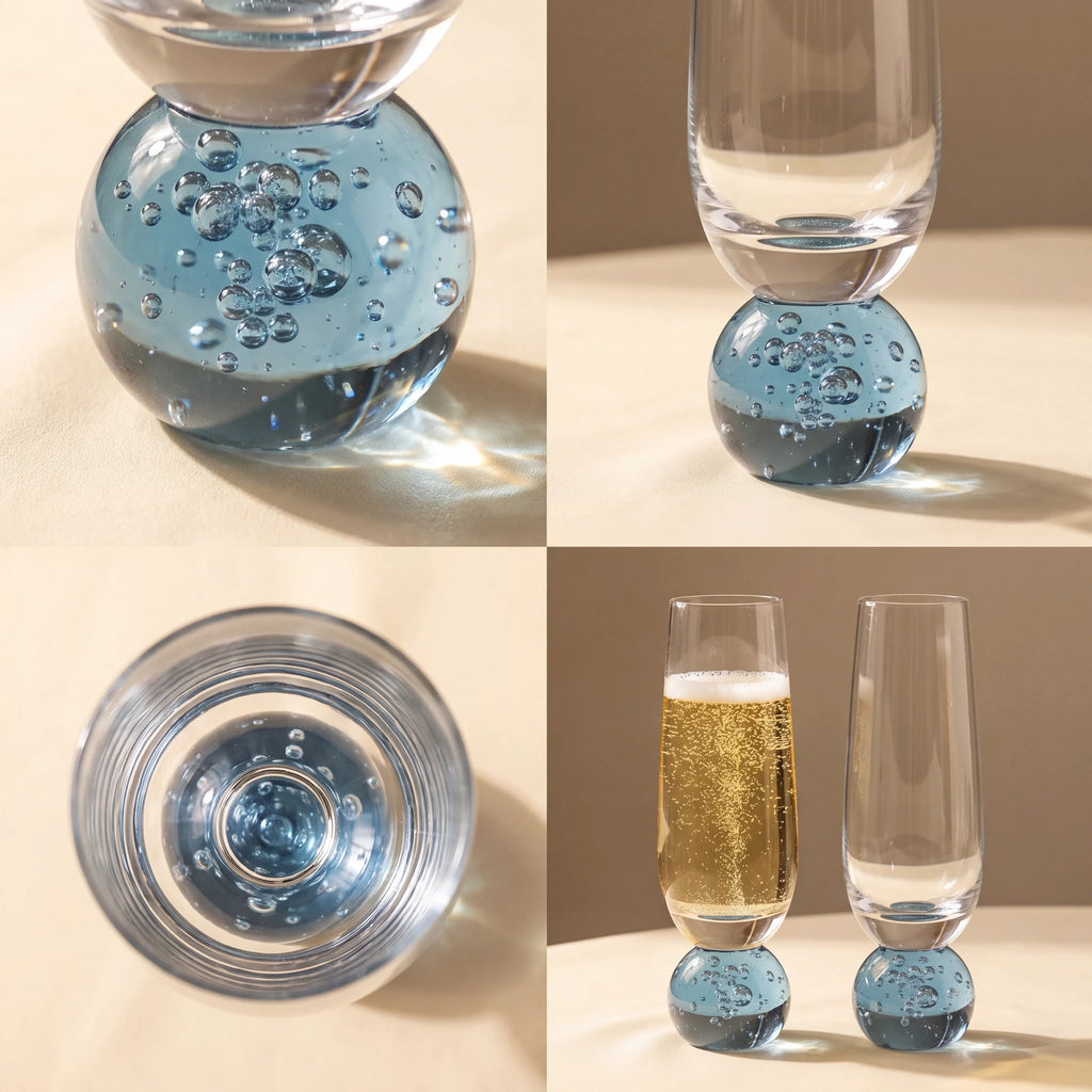 Grid com 4 detalhes da taça champagne bubble azul mostrando base esférica, perfil, vista superior e comparação