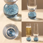 Grid com 4 detalhes da taça champagne bubble azul mostrando base esférica, perfil, vista superior e comparação