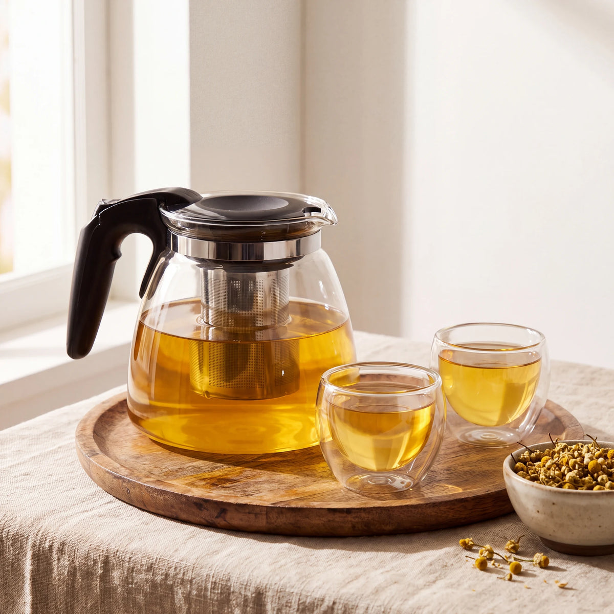 Bule de vidro Infusão Clarity com chá de camomila servido em copinhos parede dupla