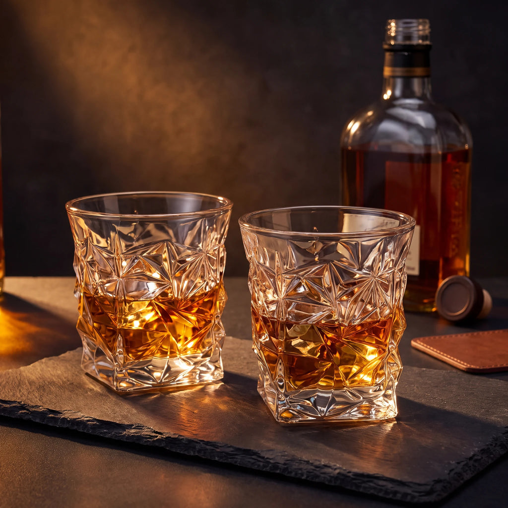 Jogo 2 copos de vidro lapidado geométrico Prisma sobre ardósia com garrafa de whisky ao fundo