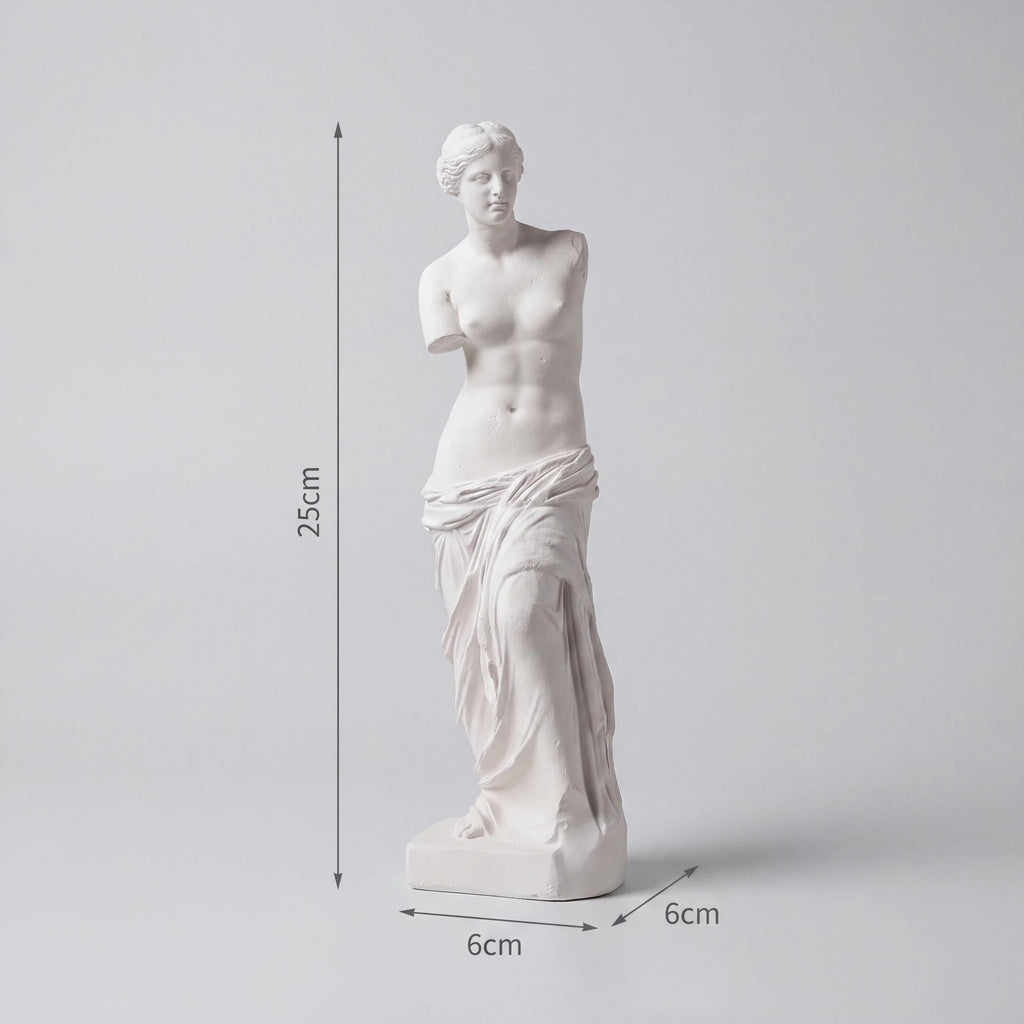 Escultura Vênus de Milo em gesso cru com linhas de dimensão mostrando 25cm altura e 6cm largura