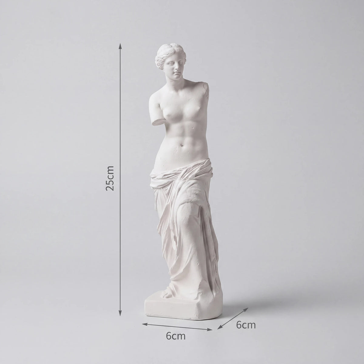 Escultura Vênus de Milo em gesso cru com linhas de dimensão mostrando 25cm altura e 6cm largura