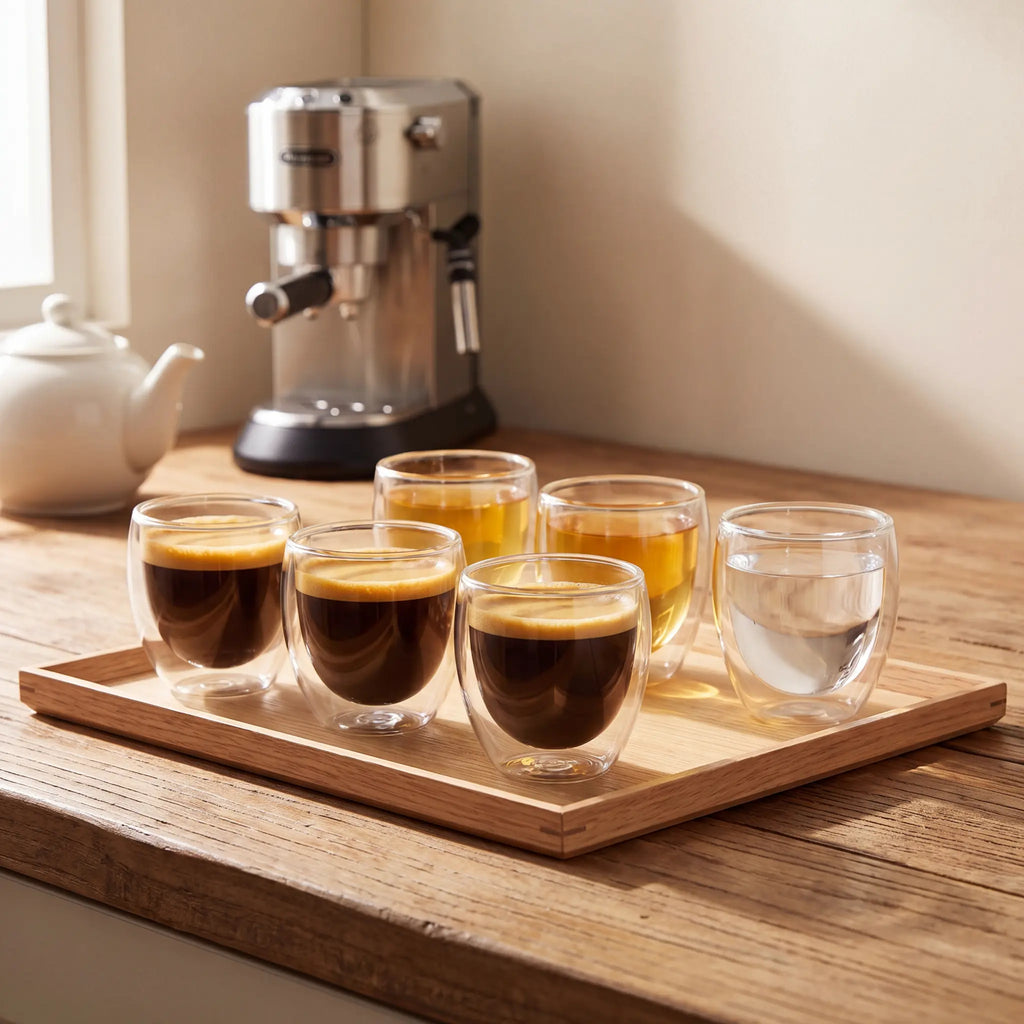 Kit Copos Duo parede dupla com café, chá e água na bandeja