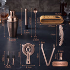 Kit coqueteleira Boston com medidas e dimensões de todas as peças do kit