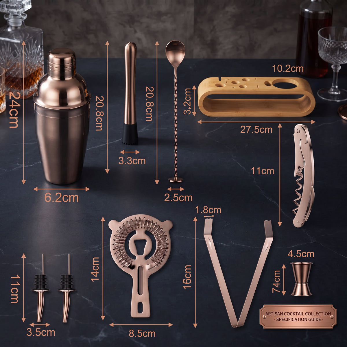 Kit coqueteleira Boston com medidas e dimensões de todas as peças do kit