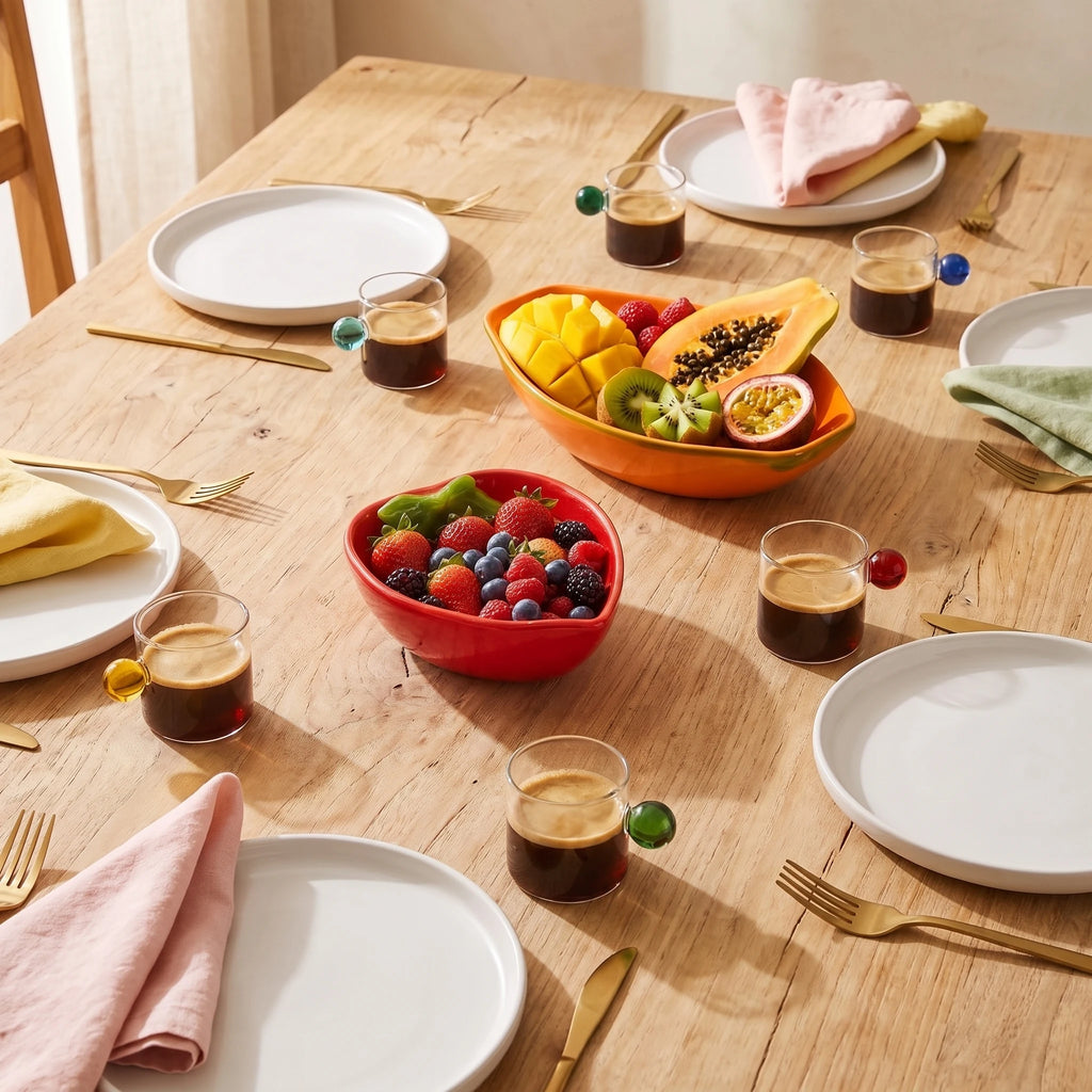 	Mesa posta com xícaras Circo, bowl morango e bowl mamão Tropicália com frutas frescas