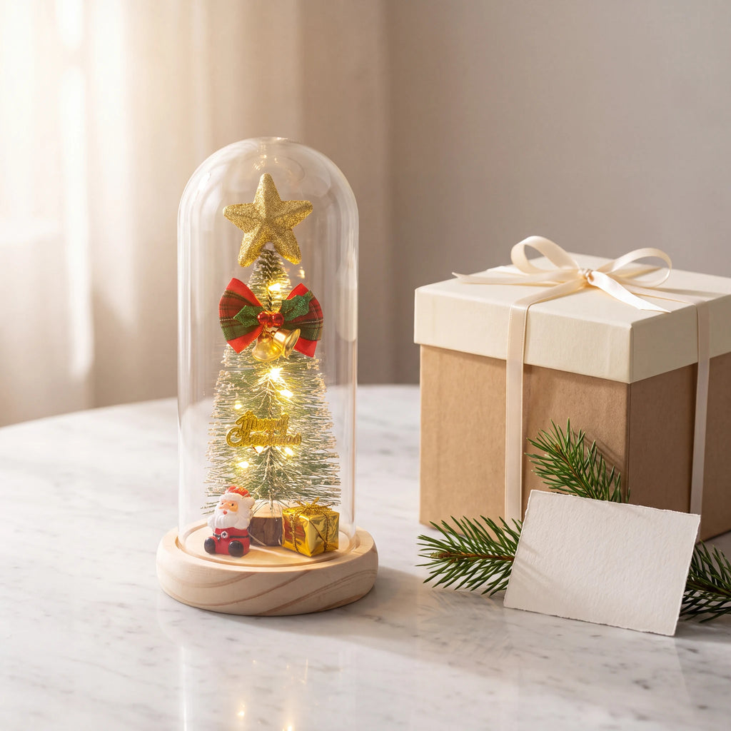 Luminária de Natal ao lado de caixa de presente bege com ramo de pinheiro sobre mármore branco