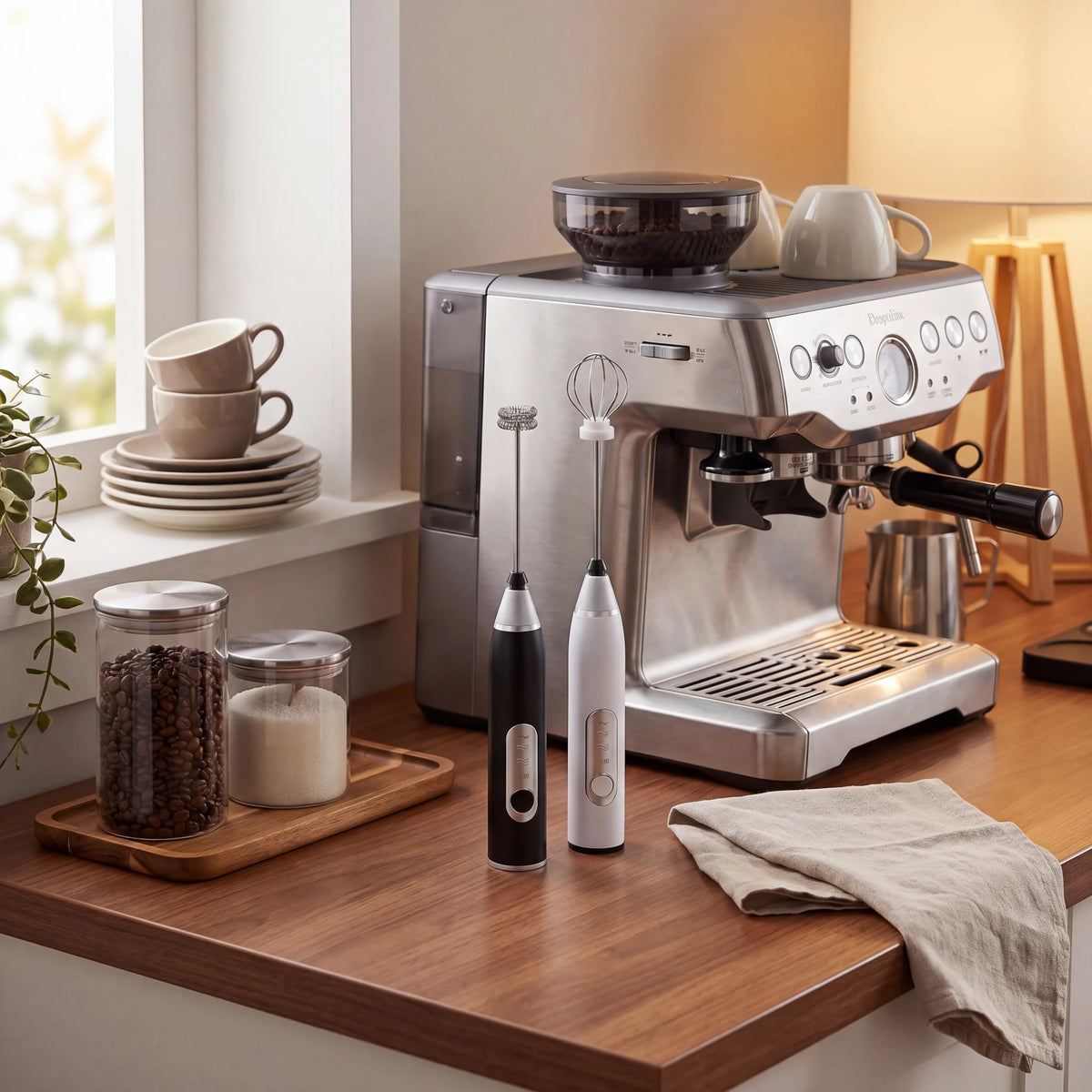 Mixer elétrico portátil organizado no cantinho do café ao lado da máquina de espresso