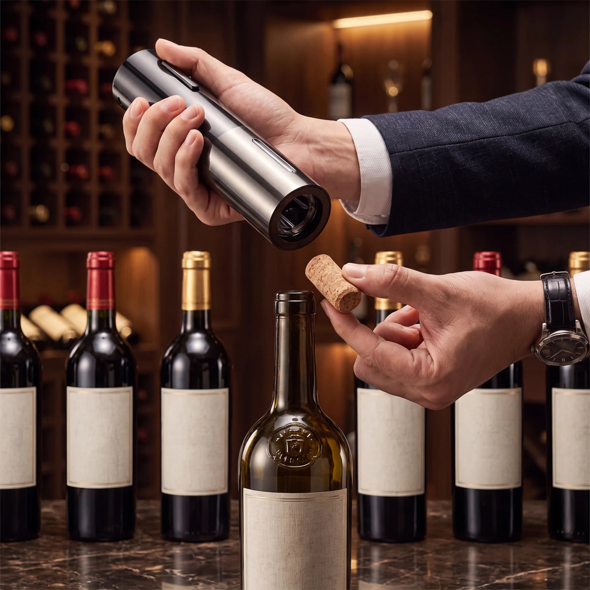 Abridor de vinho elétrico segurado na mão liberando a rolha após abrir a garrafa