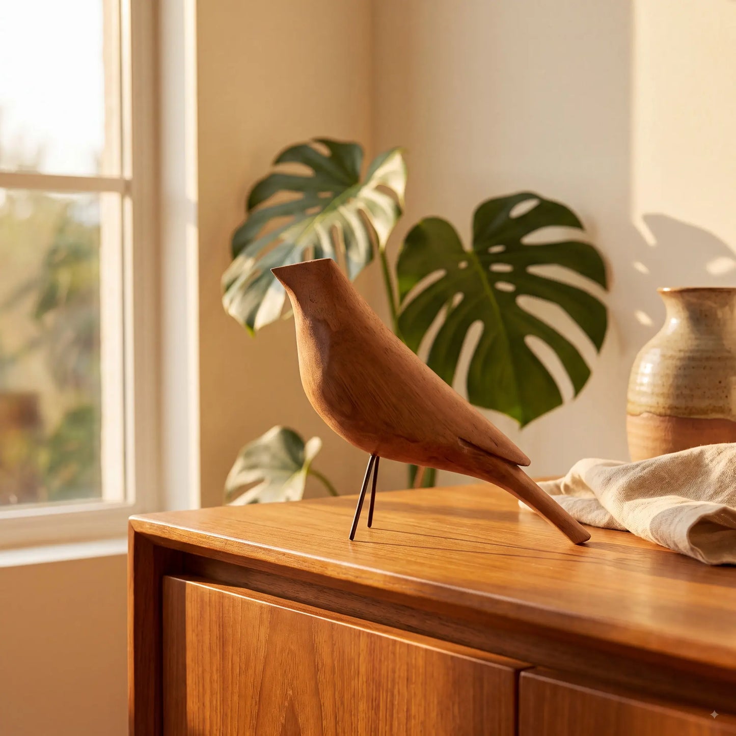 Escultura pássaro de madeira com monstera e vaso de terracota artesanal