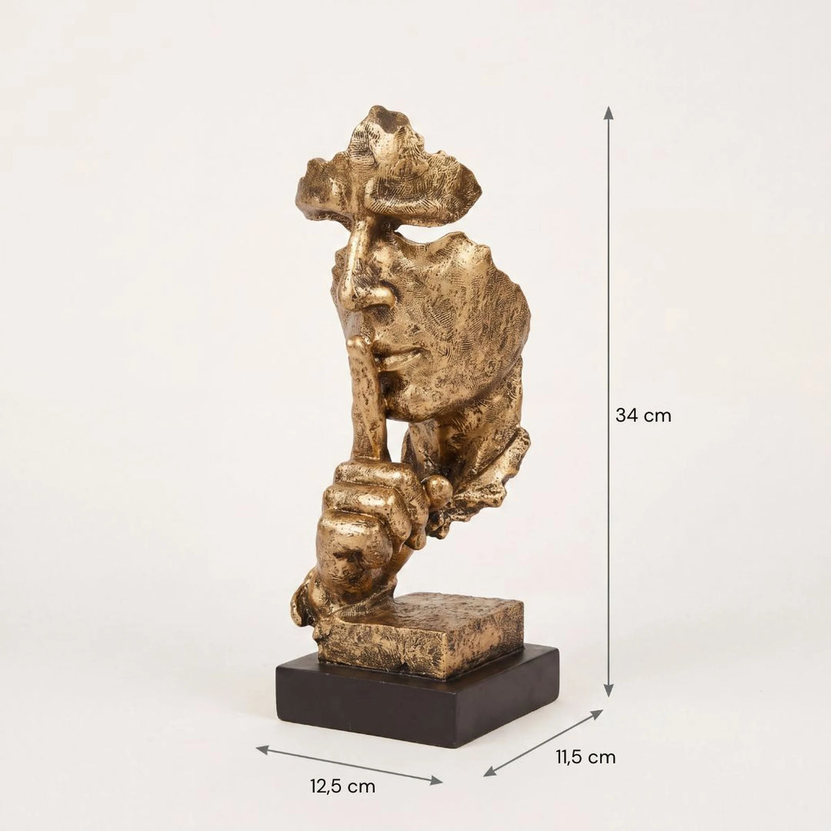 Escultura decorativa Silêncio e Paz dourada com linhas de dimensões: 12,5 × 11,5 × 34 cm