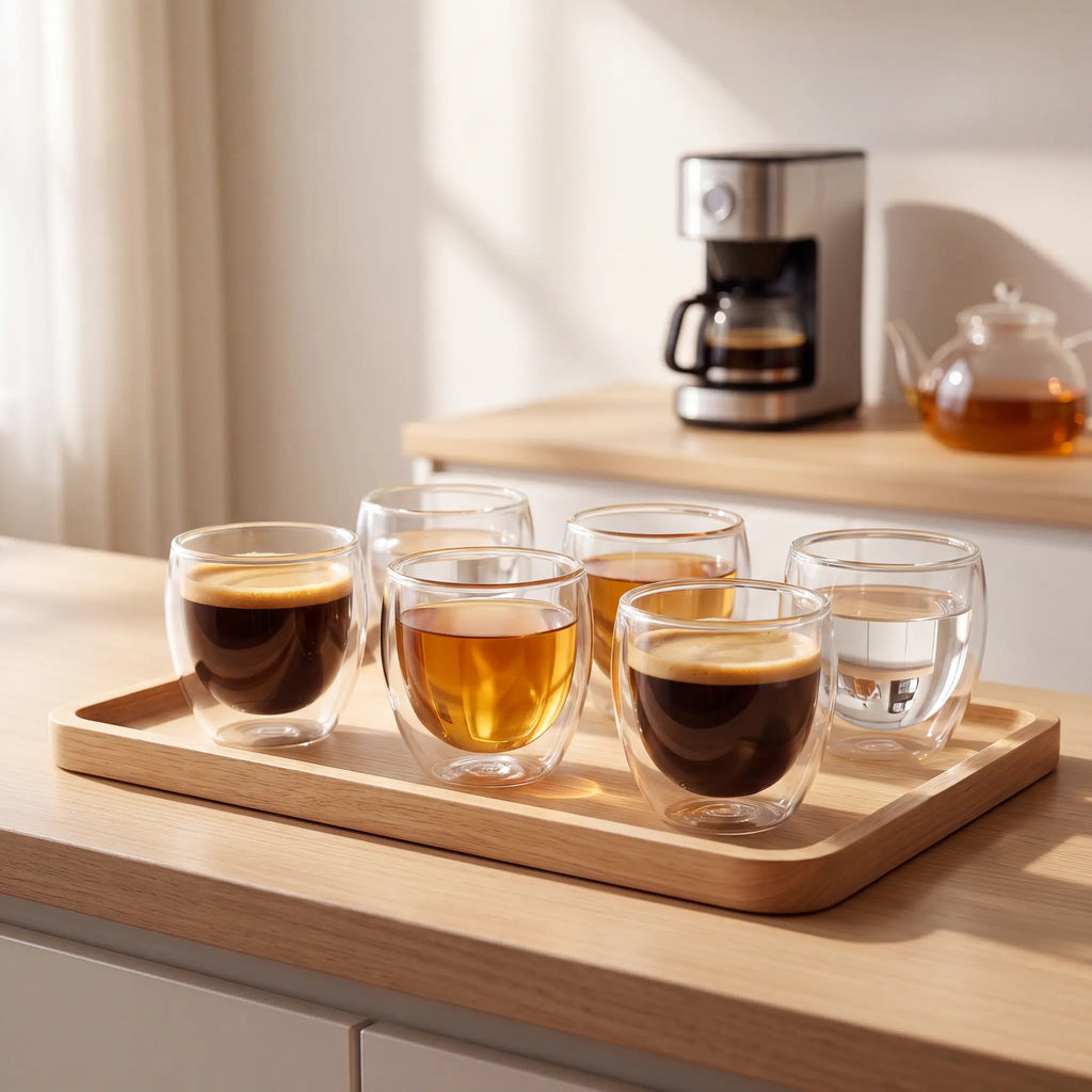 Kit Copos Duo parede dupla em bandeja de cozinha com cafeteira