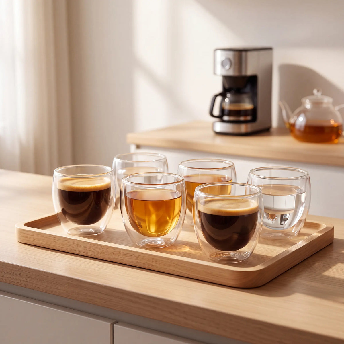 Kit Copos Duo parede dupla em bandeja de cozinha com cafeteira