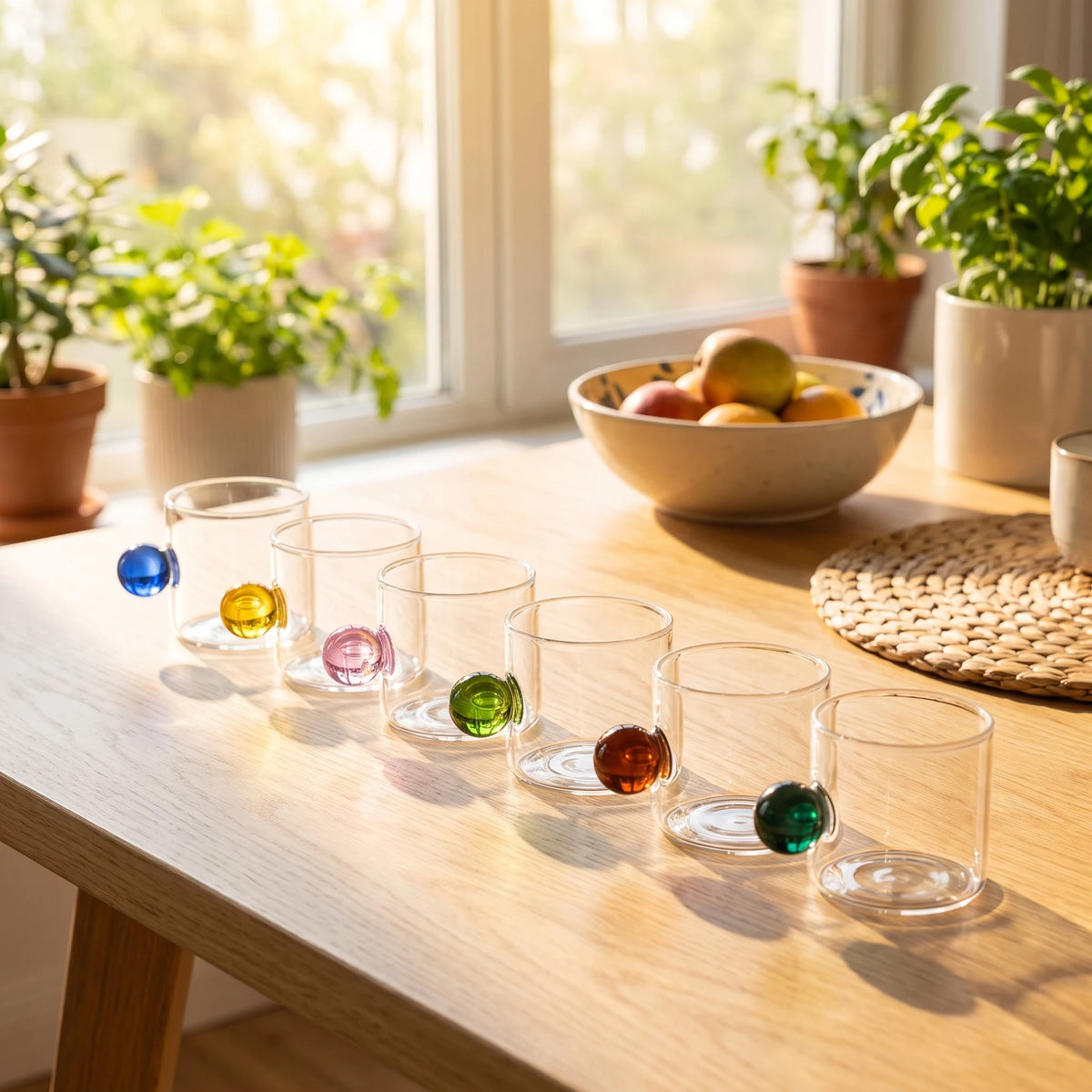 Kit 6 xícaras Circo alça colorida enfileiradas em mesa de madeira com luz dourada editorial