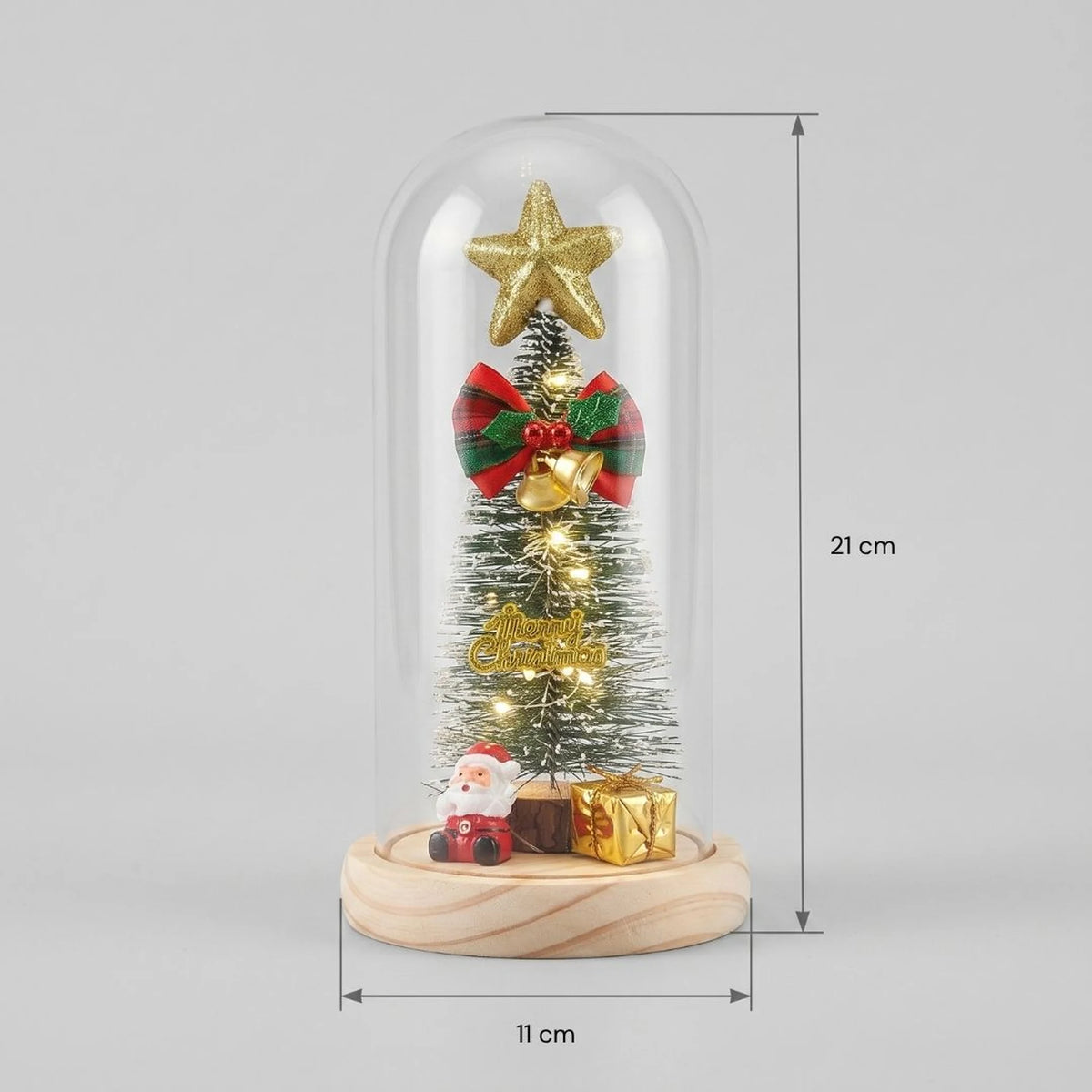 Luminária de Natal com medidas de 21 cm de altura e 11 cm de diâmetro da base em fundo cinza
