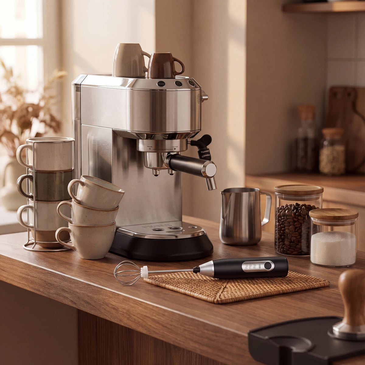 Mixer elétrico portátil ao lado de máquina de espresso em cantinho do café organizado