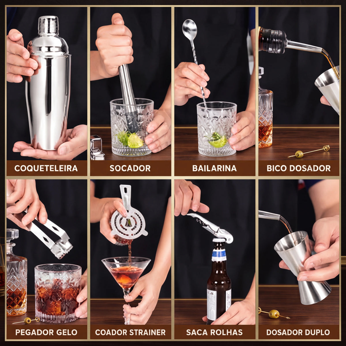 Kit coqueteleira Boston com todas as peças demonstradas em uso individual