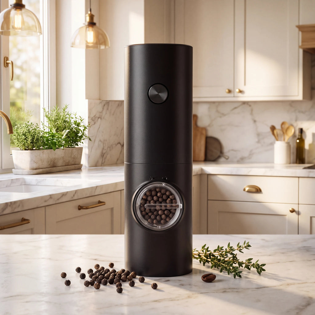 Moedor elétrico Pulso em primeiro plano com cozinha clara e iluminada ao fundo