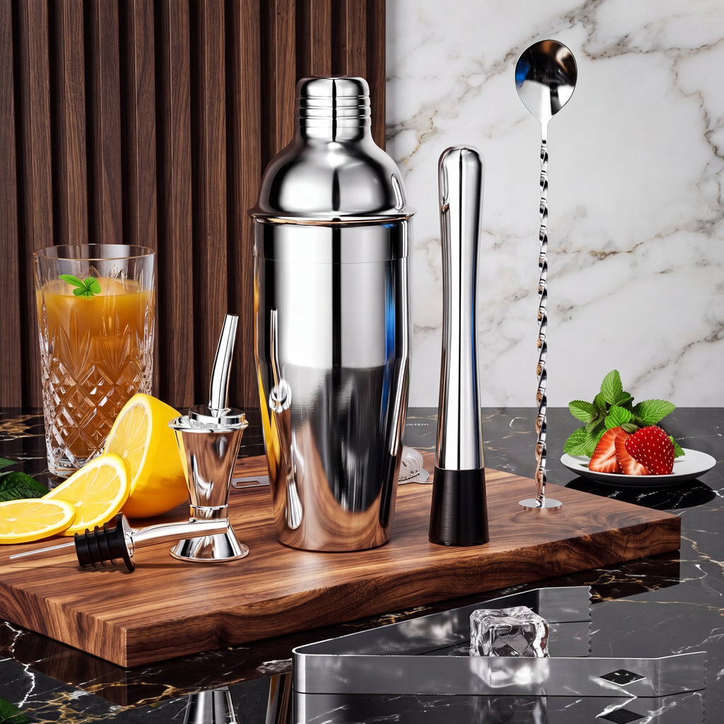 Coqueteleira Boston com strainer e dosador jigger em primeiro plano sobre mármore