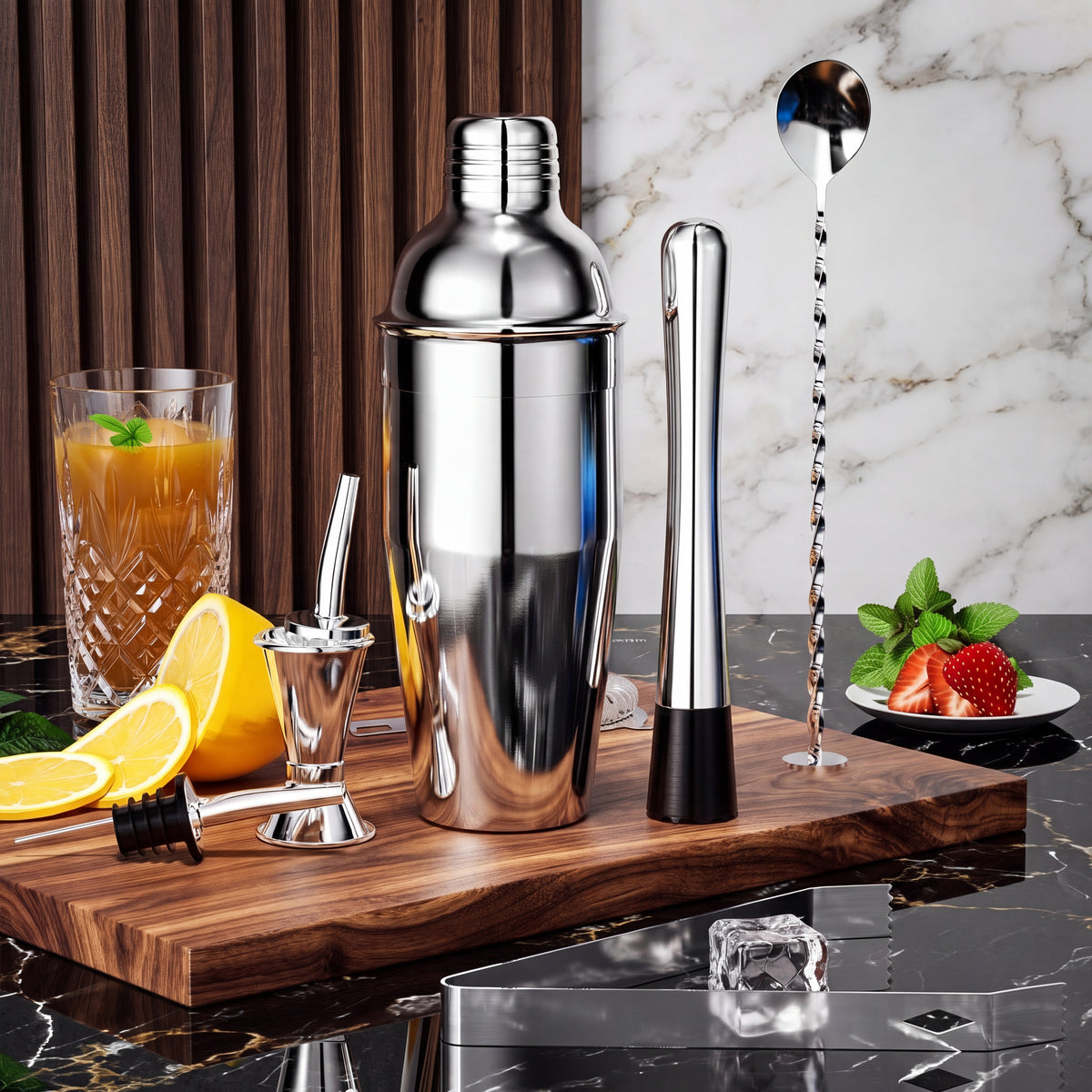 Coqueteleira Boston com strainer e dosador jigger em primeiro plano sobre mármore