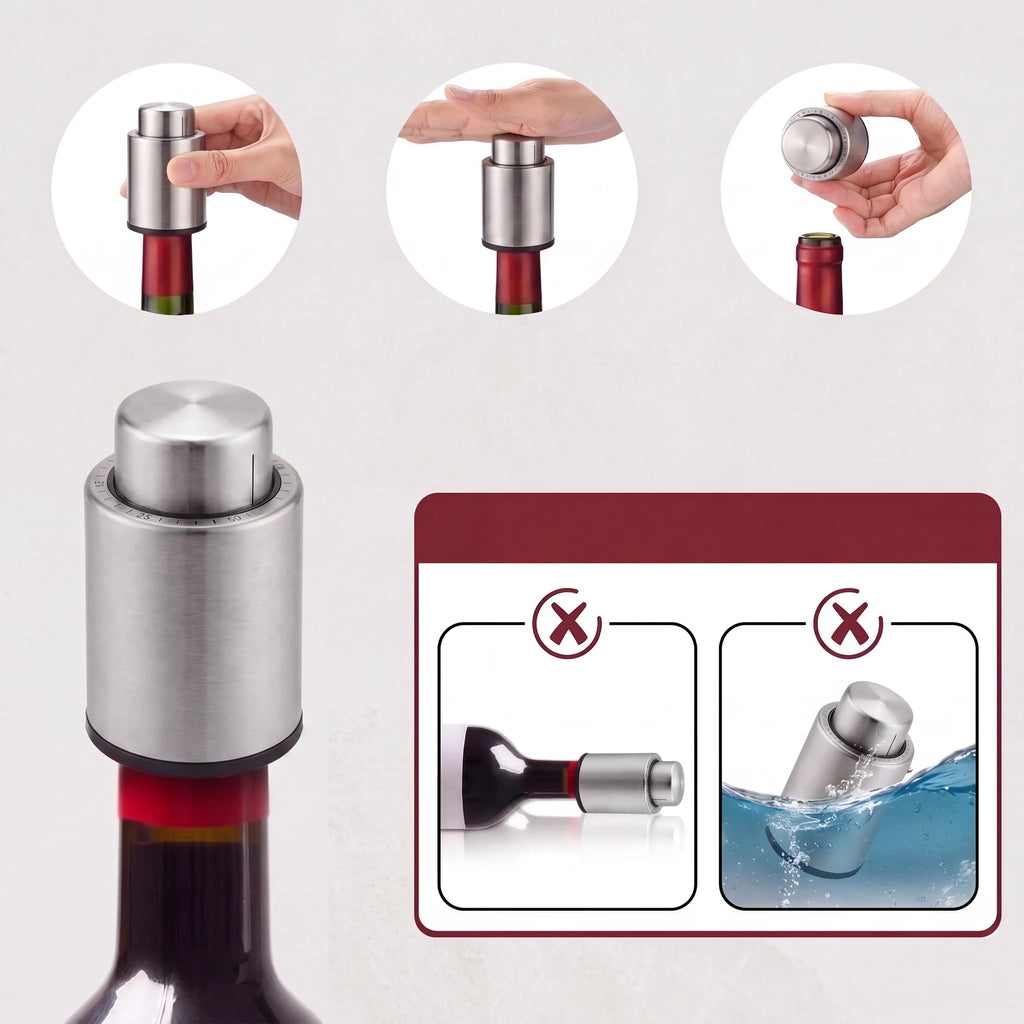 Rolha a vácuo para vinho em passo a passo de uso: encaixar, bombear e remover da garrafa