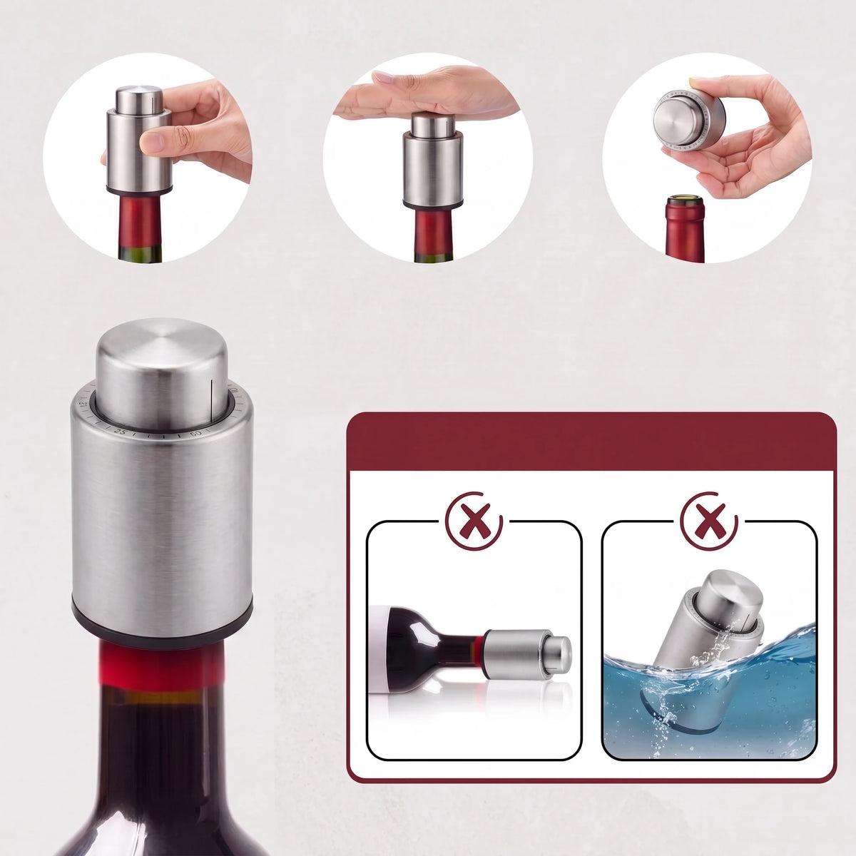 Rolha a vácuo para vinho em passo a passo de uso: encaixar, bombear e remover da garrafa