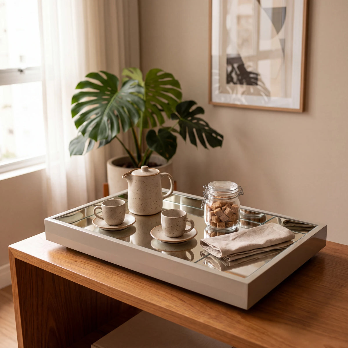 Bandeja espelhada off white com jogo de café refletido, sobre aparador com planta monstera ao fundo