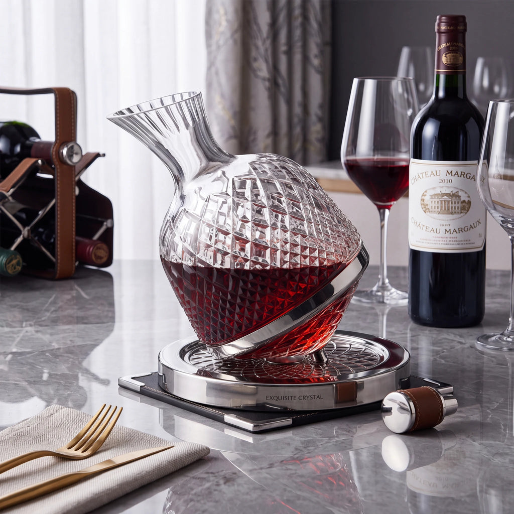 Decanter Vórtice prata em bancada de mármore com taças e garrafa de vinho tinto