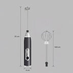 Mixer elétrico portátil com medidas: corpo 25 cm de altura e 3 cm de diâmetro, cabeça fouet 14,8 cm