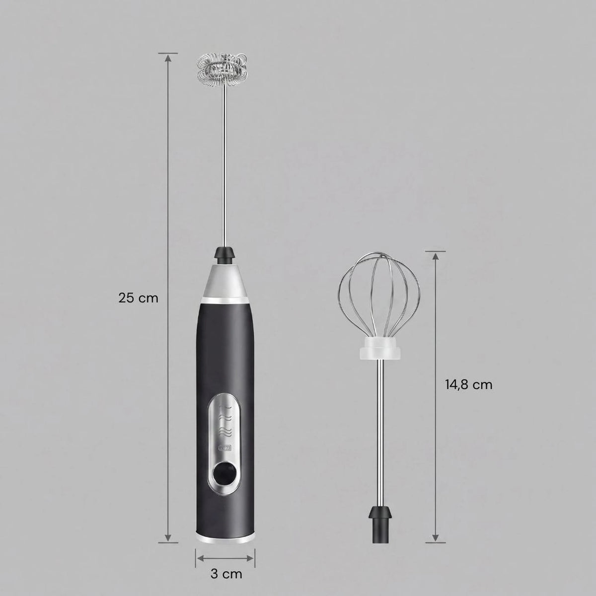 Mixer elétrico portátil com medidas: corpo 25 cm de altura e 3 cm de diâmetro, cabeça fouet 14,8 cm